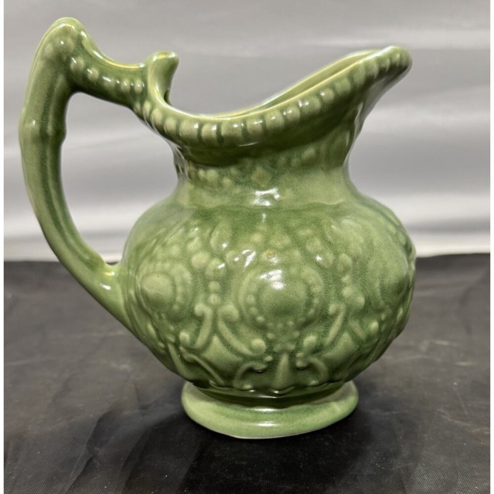 Vintage Camark Pottery Sage Green Ornate Pitcher 139C Baroque USA MCM 6" EUC